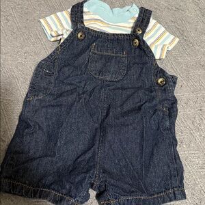 Just one you Denim Short Overalls with Striped Tee - Blue